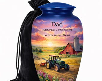 Personalized Farm Tractor Cremation Urn Set for Ashes – Custom Name & Dates Memorial Urn with 4 Keepsake Mini Urns, Sunset Landscape Design,
