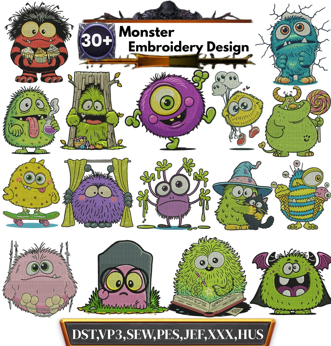 Monster Embroidery Pattern Monster Embroidery Design, Freaky Monster, Cute Monster Embroidery, One ...