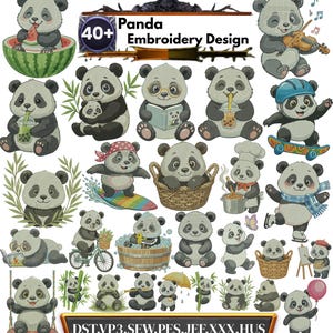 Puede incluir: Una colección de diseños de bordado de osos panda. Los diseños presentan pandas en diversas actividades, como comer sandía, leer, andar en patineta y tocar instrumentos musicales. La imagen incluye el texto "40+ Panda Embroidery Design" y formatos de archivo.