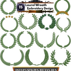 Pode incluir: Uma coleção de 15 desenhos de bordado de coroas de louro verdes. Os desenhos variam em estilo, incluindo coroas com fitas e estrelas. A imagem inclui o texto "Laurel Wreath Embroidery Design" e informações sobre o formato do arquivo.