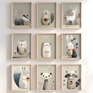May include: Nine framed art prints featuring adorable woodland animals in a soft, muted color palette. Each print showcases a different animal, including a badger, beaver, deer, owl, hedgehog, rabbit, squirrel, weasel, and raccoon, with a minimalist style.