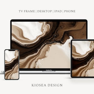 May include: A digital art design displayed on a phone, tablet, and laptop. The abstract design features swirling patterns in shades of brown, beige, and white. The text "TV FRAME | DESKTOP | IPAD | PHONE" is at the top, and "KIOSEA DESIGN" is at the bottom.