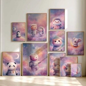 Kawaii Space Animals Gallery Wall Set of 12, Nursery Astronaut Prints Bundle, Pastel Galaxy Kids Room Decor, Adorable Universe