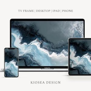 May include: A digital art design displayed on a TV, desktop computer, iPad, and phone. The artwork features a swirling abstract pattern in shades of blue, gray, and white. The text "TV FRAME | DESKTOP | IPAD | PHONE" is at the top, and "KIOSEA DESIGN" is at the bottom.