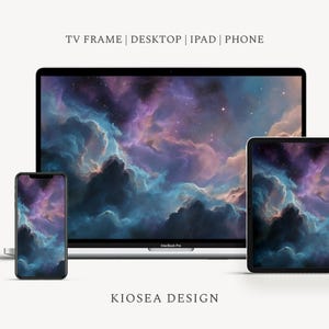May include: A digital art display featuring a nebula design on a phone, tablet, and laptop. The artwork showcases a vibrant mix of blues, purples, and pinks, with the text "TV FRAME | DESKTOP | IPAD | PHONE" and "KIOSEA DESIGN".