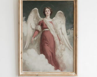 Vintage Renaissance Angel Oil Painting, Classical Angel Wall Art, Celestial Gold Clouds Poster, Aged Fresco Print, Antique Spiritual Decor