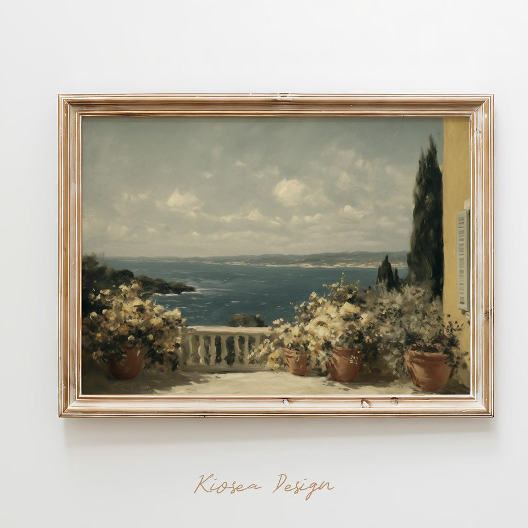 Vintage Italian Villa Sea View Oil Painting, Mediterranean Balcony Wall ...