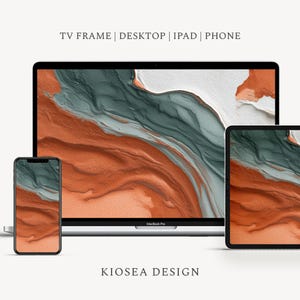 May include: A digital art design displayed on a smartphone, laptop, and tablet. The abstract artwork features a blend of orange, teal, and white colors. The text at the top reads "TV FRAME | DESKTOP | IPAD | PHONE" and the text at the bottom reads "KIOSEA DESIGN".