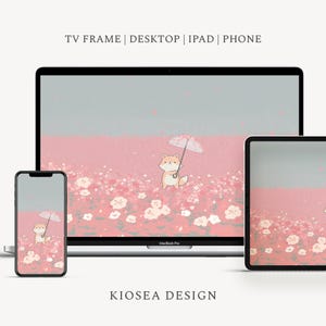 May include: A digital wallpaper design featuring a cartoon fox holding an umbrella in a field of flowers. The design is displayed on a phone, tablet, and laptop. The background is a mix of pink and gray with the text "TV FRAME | DESKTOP | IPAD | PHONE" and "KIOSEA DESIGN".
