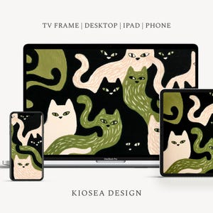 May include: A digital art print featuring a repeating pattern of stylized cats in white, green, and black on a black background. The design is displayed on a phone, tablet, and laptop. Text at the top reads "TV FRAME | DESKTOP | IPAD | PHONE". The artist's name "KIOSEA DESIGN" is at the bottom.