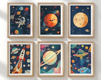 May include: Six framed art prints featuring colorful space-themed illustrations. Each print showcases planets, stars, rockets, astronauts, and a UFO against a dark blue background. The prints are in wooden frames, creating a cohesive set for a children's room or space enthusiast.
