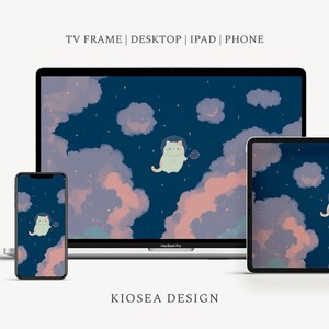Cute Bunny Astronaut Device Wallpaper Set, Dreamy Galaxy Clouds Background for Desktop, Phone, Tablet & TV Frame, Kawaii Aesthetic Space Art
