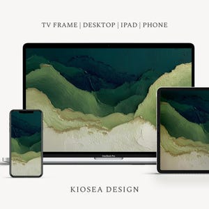May include: A digital art display featuring a mountain landscape in shades of green, gold, and white, presented on a phone, tablet, and laptop. The text "TV FRAME | DESKTOP | IPAD | PHONE" is at the top, and "KIOSEA DESIGN" is at the bottom.