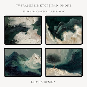 May include: Four digital art prints with emerald green and white abstract landscape designs. The prints are displayed in black frames. The text at the top reads "TV FRAME | DESKTOP | IPAD | PHONE" and "EMERALD 3D ABSTRACT SET OF 10". The bottom text reads "KIOSEA DESIGN".