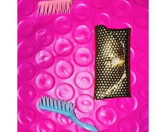 Vintage Barbie Clutch Purse - Gold Dimple - Bag Wallet + 2 Vtg Barbie brushes