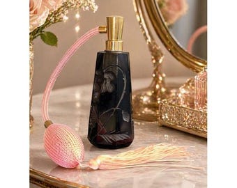 Frasco atomizador de perfume de cristal negro estilo bohemio checo.