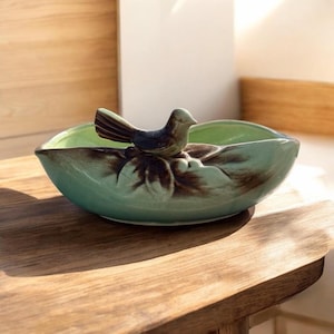 Puede incluir: Un cuenco de cerámica con una figura de pájaro. El cuenco es de color verde claro con detalles marrones y un pájaro posado en el borde. El pájaro es de color verde oscuro y marrón. El cuenco está sobre una superficie de madera.