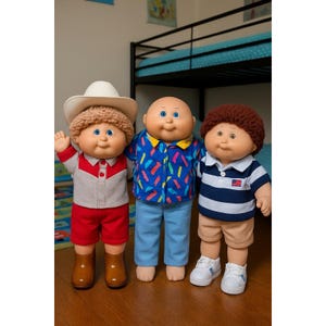 Puede incluir: Se muestran tres muñecos Cabbage Patch Kids. Uno lleva un sombrero de vaquero, una camisa gris con detalles rojos, pantalones cortos rojos y botas marrones. Otro muñeco lleva una camisa azul estampada y pantalones azules. El tercero tiene una camisa a rayas, pantalones cortos color caqui y zapatillas blancas.