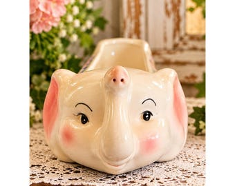Vintage 1950s Ceramic Elephant Planter Hand Painted Floral Mid Century Kitsch