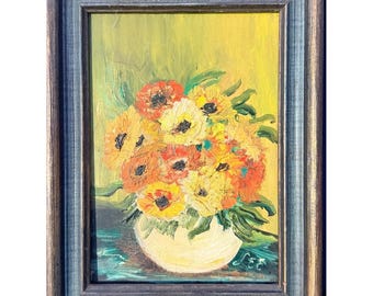 Oryginalny obraz olejny na desce z lat 60. XX wieku przedstawiający martwą naturę z kwiatami