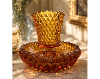 Vtg Indiana Glass Diamond Point Amber Taper Candle Holder z uchwytem na świeczkę