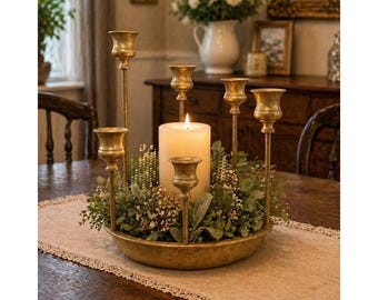 Vtg Brass Candle Centerpiece 6 Tapered Candles & 1 Pillar Highest Peak 10.25"