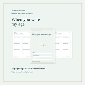 May include: A 16-page digital interview kit titled When you were my age, featuring fillable text and printable pages in A4 and US Letter sizes. The document includes sections for personal details, interview dates, and prompts about life experiences.
