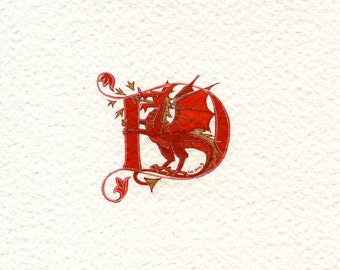 Letter handpainted with a red and gold dragon handmade letter gift.