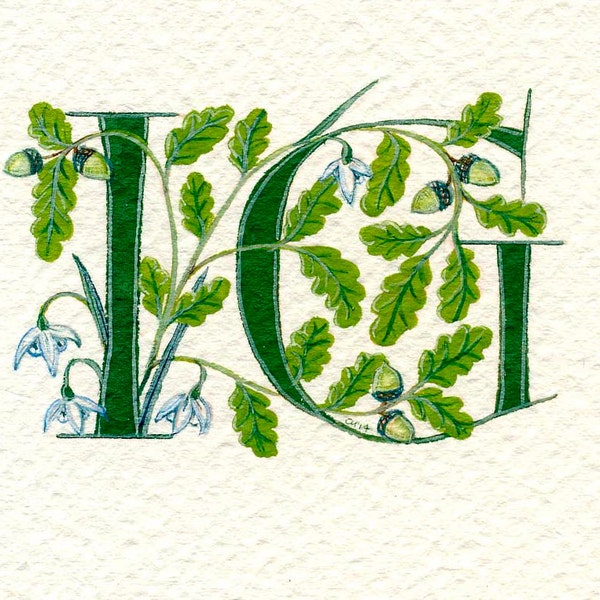 Double initial letters handpainted in dark green with oak leaves, acorns and snowdrops, a personalized and handmade wedding gift.