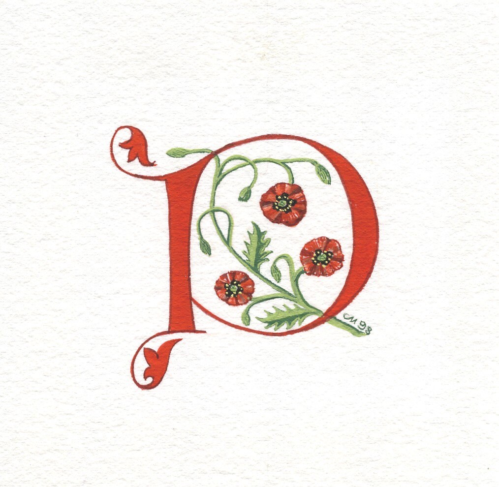 Initial letter 'P' handpainted in red with poppies on | Etsy