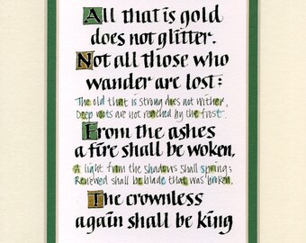 Not all those who wander are lost Lord of the Rings Calligraphy Print, Tolkein print Word Art