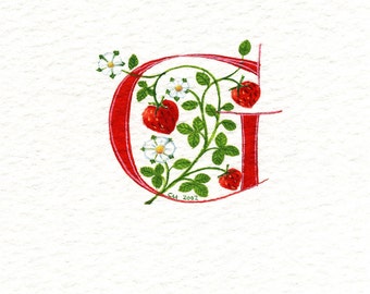 Initial letter 'G' handpainted in red with strawberries, personalised birthday gift.