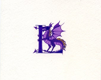 Handpainted letter purple with a purple and gold dragon handmade letter gift.