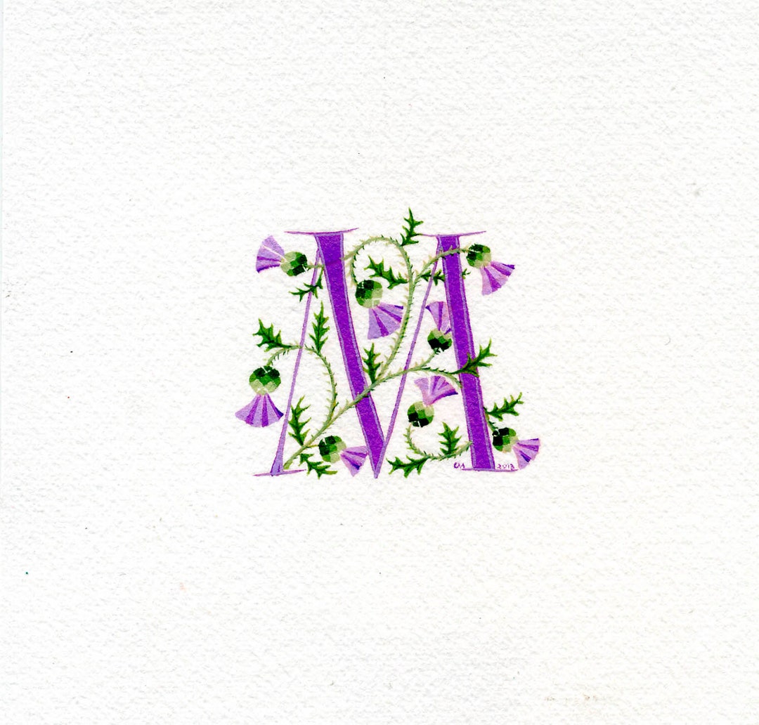 Floral Initial Letter in Purple Handpainted With Thistles Handmade ...