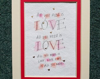 All you need is Love art print with 23c gold leaf hearts gift.