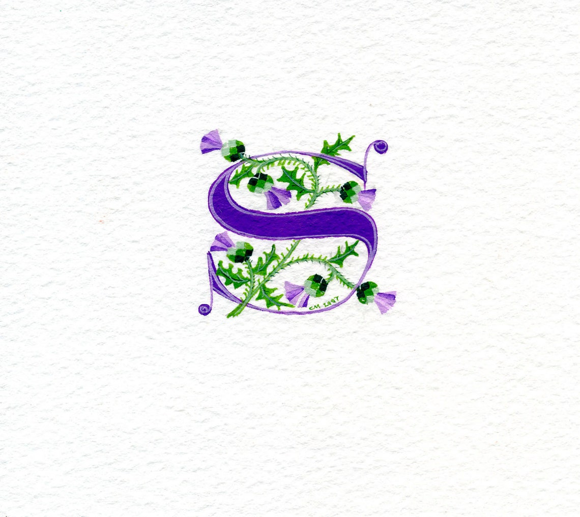 Initial letter 'S' handpainted in purple with Scots | Etsy