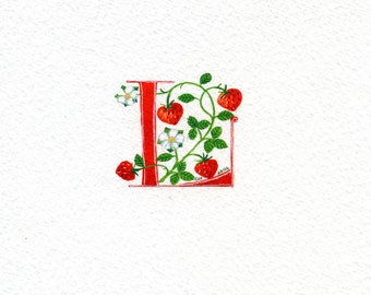 Personalised initial letter handpainted in red with strawberries floral letter handmade letter.