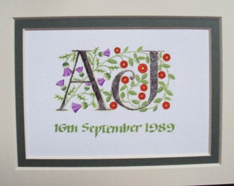 Silver wedding letters in Palladium leaf handpainted with thistles and red roses Wedding Gift Anniversary Gift.