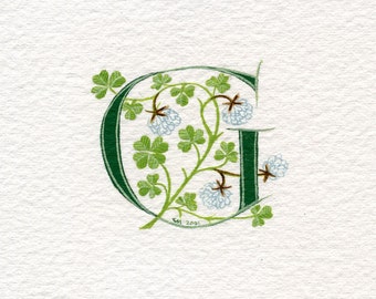 Letter 'G' handpainted in green with white clover floral letter gift