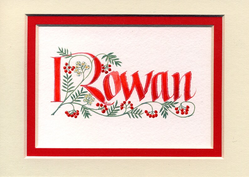 Rowan handpainted in red with rowan berries and leaves handpainted letters gift. image 1