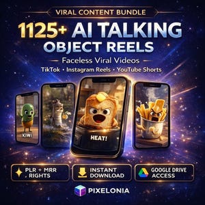 Op de afbeelding: Een digitale advertentie voor een "Viral Content Bundle" met geanimeerde voedselkarakters op smartphones. De tekst luidt "1125+ AI Talking Object Reels" voor TikTok, Instagram Reels en YouTube Shorts. Inclusief pictogrammen voor "Direct downloaden" en "Google Drive toegang".