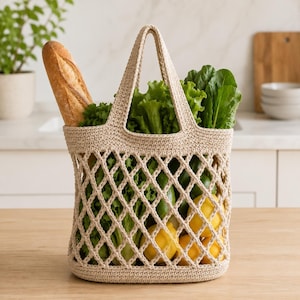 Peut inclure: Un sac de courses beige en crochet rempli de produits frais. Le sac contient une baguette, de la laitue verte, des citrons et d'autres légumes verts. Le sac est posé sur une surface en bois dans une cuisine.