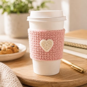 Peut inclure: Une tasse à café en papier blanche avec un couvercle blanc, enveloppée dans une housse en crochet rose. La housse présente un cœur crème appliqué. La tasse est posée sur une surface en bois, avec une assiette de biscuits et un stylo à proximité.
