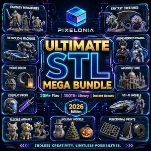 Peut inclure: Visuel numérique promotionnel pour un "ULTIMATE STL MEGA BUNDLE" avec des modèles 3D. Catégories : miniatures fantastiques, véhicules, figurines animées, décoration intérieure, accessoires de cosplay, animaux flexibles, modèles de vacances et impressions fonctionnelles. Texte : "20M+ Files | 300TB+ Library | Instant Access".