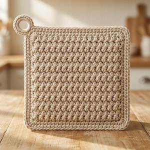 May include: A square, beige crochet potholder with a textured stitch pattern. It features a small loop for hanging. The potholder is made of a thick, durable yarn, perfect for kitchen use.