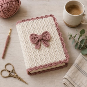 Crochet Book Cover Pattern PDF, Ruffle Book Sleeve Crochet Pattern, Beginner Journal Cover, Bow Book Lover Gift