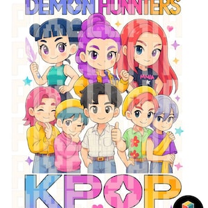 Peut inclure: Graphique coloré avec des personnages de dessins animés et les textes "DEMON HUNTERS" et "KPOP". Les personnages ont différentes couleurs de cheveux et portent des tenues variées. Des étoiles et des cœurs décorent l'arrière-plan. L'image est de style art numérique.