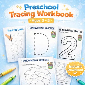 May include: A collection of preschool tracing workbooks with the title "Preschool Tracing Workbook" and the age range "Ages 3-5". The workbooks feature handwriting practice exercises, including tracing lines, letters, numbers, and names. The image also includes a yellow and green crayon.