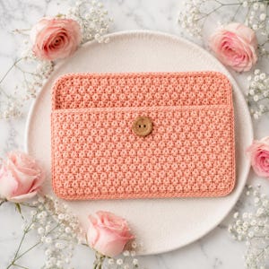 Peut inclure: Une pochette en crochet pêche avec une surface texturée et une fermeture à bouton en bois. La pochette est rectangulaire avec une poche avant. Des roses roses et des fleurs blanches entourent la pochette sur une assiette blanche.
