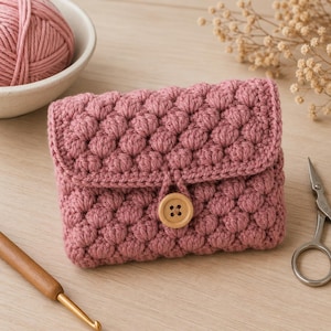 Può includere: Una pochette all'uncinetto color rosa polvere caratterizzata da un motivo a punto nocciolina, una patta rettangolare e una chiusura con un singolo bottone in legno chiaro. La pochette è realizzata in filato e presenta un motivo a rilievo denso.